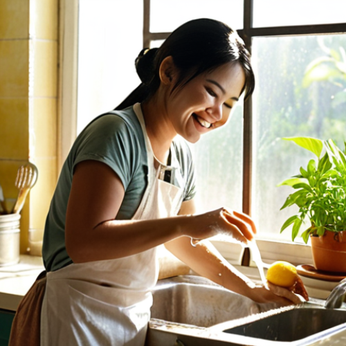 Home 4 **Image Prompt:** A bright, clean Vietnamese kitchen. A woman is smiling as she wipes down a stainless steel sink with a natural cleaner (lemon and salt visible). Sunlight streams in through a window, illuminating the sparkling surfaces. In the background, there are herbs growing in pots.