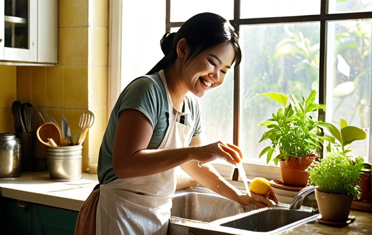 **Image Prompt:** A bright, clean Vietnamese kitchen. A woman is smiling as she wipes down a stainless steel sink with a natural cleaner (lemon and salt visible). Sunlight streams in through a window, illuminating the sparkling surfaces. In the background, there are herbs growing in pots.